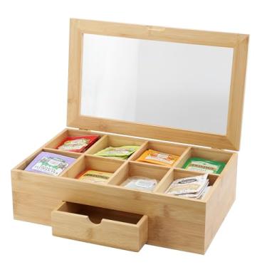 Imagem de Elama Organizador de caixa de chá de bambu de 33 x 20 cm com janela superior de acrílico e gaveta, suporte de chá de madeira