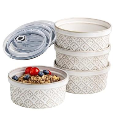 Imagem de Conjunto de tigelas de cereais de 800 ml com tampas, tigelas de salada de cerâmica para cozinha, preparação, acampamento, almoço de escritório, tigelas de sopa de ramequins de porcelana de 15 cm com
