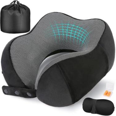 Imagem de Travesseiro de pescoço para viagem, travesseiros de viagem para aviões, travesseiro de pescoço de viagem 100% espuma de memória pura, travesseiro de voo ajustável, acessórios de avião portáteis com