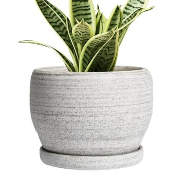 Imagem de SQOWL Vaso de plantas de 15 cm – Vaso de cerâmica com orifício de drenagem e pires, vaso de suculentas redondo para plantas internas e externas, cinza escovado