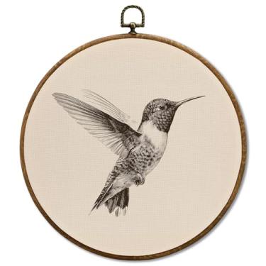 Imagem de JUIOEIU Decoração de parede redonda de beija-flor vintage, impressões em tela emoldurada de beija-flor com desenho neutro, decoração de parede de pássaro antigo retrô para decoração de casa, quarto