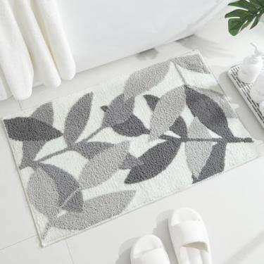Imagem de Gibelle Tapete de banheiro cinza, tapete de banho de microfibra absorvente de água forte antiderrapante, lavável na máquina, tapete de banheiro pequeno, tapete de folhas fofas, tapete interno, 45,7 cm