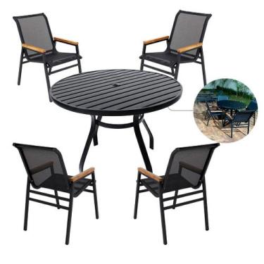 Imagem de Jogo de Mesa 90cm Ripada 4 Cadeiras Praia Aluminio de Jantar Piscina J
