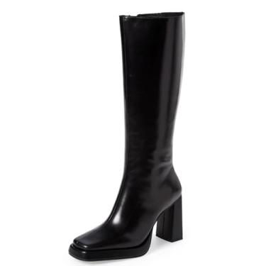 Imagem de Dsevht Botas femininas de couro preto na altura do joelho plataforma salto bloco grosso botas longas bico quadrado e design de zíper lateral vestido moderno 70 bota Gogo, Preto, 37