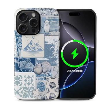 Imagem de Yuning419 Capa compatível com iPhone 16 Pro Max [compatível com MagSafe] Capa de proteção rígida híbrida de 2 camadas, capa magnética protetora à prova de choque, colagem vintage de concha oceânica
