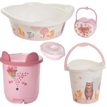 Imagem de Kit Banho De Bebê Bacia Ludica Plasutil Balde Lixeira 5 peças (Bichinhos Menina)