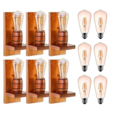 Imagem de Kit 6 Arandelas Barril Delenha Decor Mogno + Lâmpadas