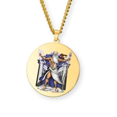 Imagem de Colar Mitologia Grega – Pingente Redondo Gravado Colorido em Aço Inoxidável • Deuses e Deusas da Grécia e Roma (Apolo, Ártemis, Poseidon, Ares, Zeus…) • Amuleto de Proteção Unissex (Zeus • Gold)