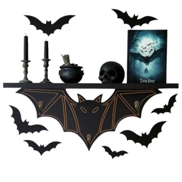 Imagem de Prateleira gótica de morcego para decoração de parede com ganchos, prateleira flutuante preta para quarto, sala de estar, decoração de casa assustadora de Halloween com adesivos de morcego, decoração