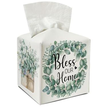 Imagem de Porta-lenços de couro de eucalipto com cinto inferior para mulheres, presente de inauguração de casa, capa de caixa de lenços aquarela, banheiro, carro, criado-mudo, vaidade, cozinha, decoração