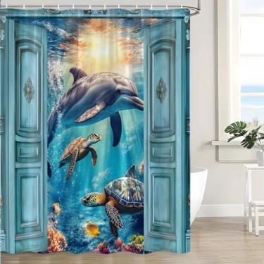 Imagem de JWJAMM Cortina de chuveiro azul oceano subaquático mundo subaquático tropical colorido peixe golfinho tartaruga coral no mar profundo rústico turquesa madeira celeiro porta vida marinha praia cortinas