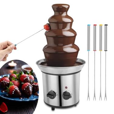 Imagem de Fonte de chocolate, fonte de fondue de chocolate de 4 camadas, máquina de derretimento elétrica para festas, queijo nacho, rancho, molho, casamento, máquina de fonte de chocolate com 4 peças de garfos