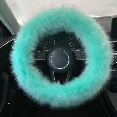Imagem de Capa de volante de carro peluda de lã sintética protetora de roda de carro capa de volante de pele para mulheres menina ajuste universal SUvs, vans, sedans, carro 15 polegadas verde