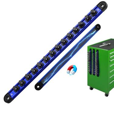 Imagem de Trilho organizador de soquete magnético de 9,5 cm, trilho de soquete de liga de alumínio, suporte de soquetes resistentes com 14 clipes, bandeja de ferramentas com clipe giratório de 360°, organizador