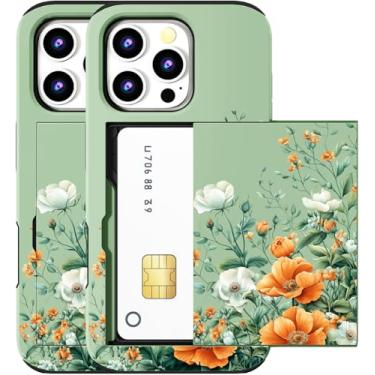 Imagem de MUQR Capa compatível com iPhone 15 Pro Max com porta-cartão fofo - Design Kawaii, proteção contra quedas de grau militar, capa carteira robusta para mulheres (buquê de flores laranja verde)