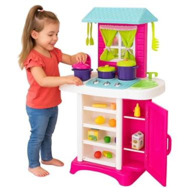 Imagem de Conjunto de Cozinha Infantil com Pia, Geladeira e Fogão, com Telhado