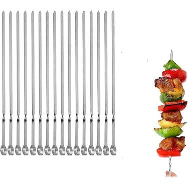 Imagem de MOCUMEI Espetos de metal para grelhar, espetos de Kabob, espetos de churrasco planos, conjunto de espetos de churrasco, varetas de churrasco reutilizáveis (espetos de 42,7 cm (12) + espetos de 35,5 cm (4))