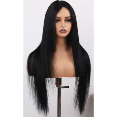 Imagem de ManeMajesty Perucas frontais de 76 cm, cabelo humano, liso, sem cola, cabelo humano pré-arrancado, pré-cortado, parte em T, HD, peruca frontal de renda, densidade de 180%, peruca preta em camadas