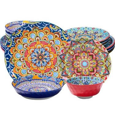 Imagem de Romatlink Conjunto de 4 pratos de jantar, 16 peças de louça para micro-ondas e lava-louças, resistente a arranhões, conjunto de pratos e tigelas estilo boêmio para salada, macarrão, sobremesa, bife