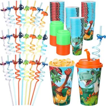 Imagem de Maxcheck 24 conjuntos de copos de dinossauro de 473 ml, lembrancinhas de festa de aniversário com tampas coloridas e canudos para decorações de aniversário, copos de plástico arco-íris, canudos de