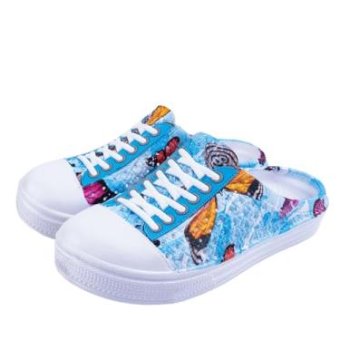 Imagem de TANTANC Pantufas femininas para jardim, com orifício de malha, respirável, verão, para uso interno/externo, praia, chuveiro, calçados aquáticos, Borboleta azul 1, 8.5 Women/7 Men