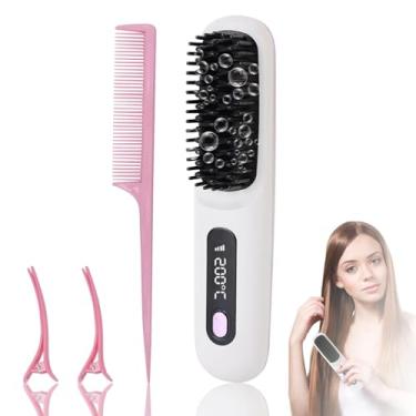 Imagem de ZESTEFY Escova alisadora de cabelo, alisador de cabelo portátil sem fio para cabelos grossos, pente alisador de cabelo de íons negativos com tela de LED, 3 temperaturas, alisador de escova de cabelo