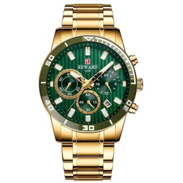 Imagem de Relógio De Quartzo Casual Masculino Pulseira De Aço Inoxidável À Prova Da Água Verde Dourado