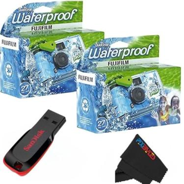 Imagem de Fujifilm Câmera QuickSnap impermeável de 35 mm de uso único com pen drive USB de 32 GB Sandisk e pano de limpeza de microfibra PixiBytes... (2 câmeras + USB)