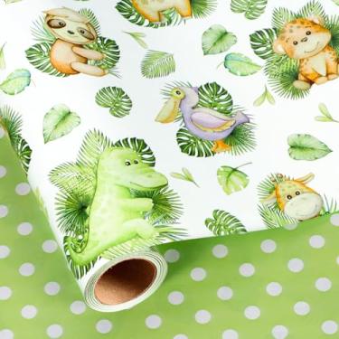 Imagem de MAYPLUSS Papel de embrulho de animal de bebê, papel de embrulho neutro para chá de bebê selva, girafa safári fofa, coala, dragão tema embrulho para crianças de 1º aniversário, decoração de festa