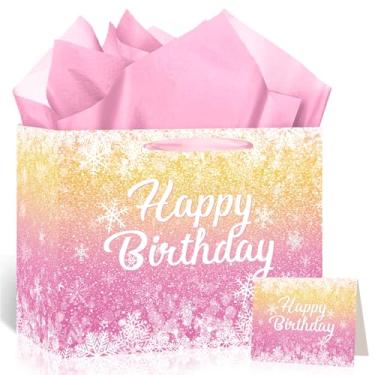 Imagem de Woosytoo Bolsa de presente de aniversário Frozen Pink Floco de Neve com cartão de felicitações e papel de seda Sacos de papel de embrulho de floco de neve para crianças meninas Frozen Birthday Party