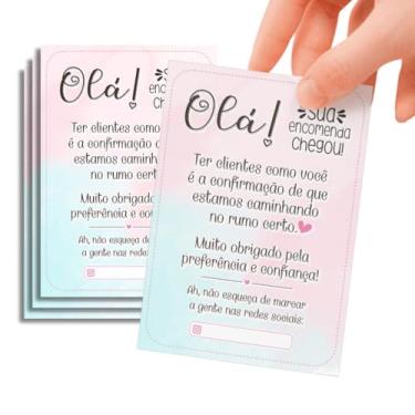 Imagem de 54 Unidades Cartão de Agradecimento para Clientes, 6,5x8,5cm Design Fofo com Mensagem Olá Sua Encomenda Chegou Tag Papel Glossy 180gr Impressão Frente