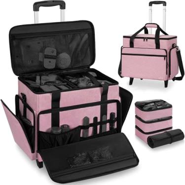 Imagem de FREEAMG Estojo de maquiagem extragrande com 4 bolsas removíveis, estojo de maquiagem profissional com rodas, bolsa de cosméticos de viagem para cabeleireiros e maquiadores com carrinho removível, rosa