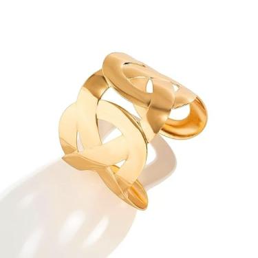 Imagem de Bracelete Grosso Largo Dourado Aço Inoxidável Trançado Aberto-Pulseira Feminina Rígida Geométrica Aço Cirúrgico Banhado a Ouro 18k Antebraço Cuff- Entrelaçado Statement Moderno Vazado Conteporâneo Polido