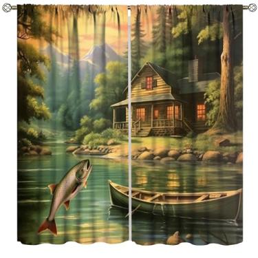 Imagem de Cortinas de pesca rústica, cabana rústica, acampamento, floresta, natureza, arte, cortinas, para quarto, sala de estar, cozinha, janela, tratamento de 2 painéis, conjunto de 2 painéis, tamanho total
