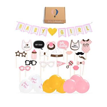 Imagem de Baby Shower Decorations for Girl - 31 Piece Set: Pink and Gold Baby Girl Banner, 20 Piece Photo Props Set, 10 Gold, Pink and White Balloon - Decorative Decor Kit for Babyshower - Perfect for Parties