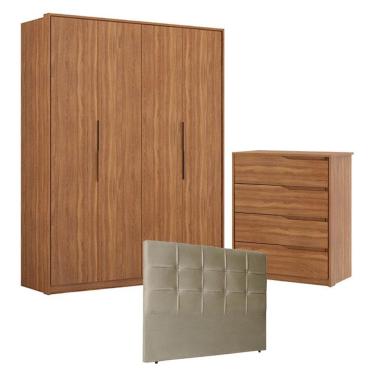 Imagem de Guarda Roupa Attore 4 Portas E Cômoda Atria Amêndola Com Cabeceira Luiza 140 Cm Taupe - Demartêz
