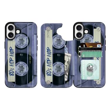 Imagem de FINCIBO Capa carteira de couro PU elegante com suporte para cartão, suporte para cartões, capa compatível com Apple iPhone 16 6,1 polegadas 2024 - fita cassete transparente retrô hip hop