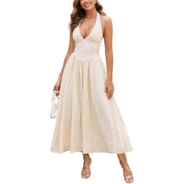 Imagem de Vestido maxi Parthea xadrez nas costas com decote em V para mulheres