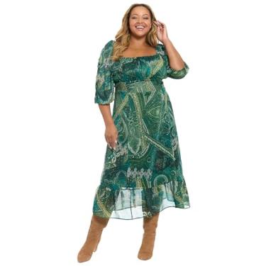 Imagem de London Times Vestidos femininos de casamento com gola quadrada e manga 3/4 Paisley Midi Fit & Flare, Verde/azul lago, 52