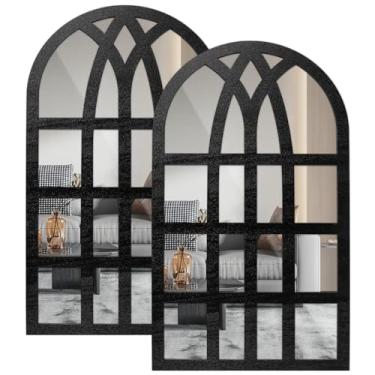 Imagem de 2 peças espelho de janela arqueado retro entrada parede espelho decalque acrílico retangular vidraça espelho moldura madeira decoração de parede para sala de estar entrada sala de jantar quarto 44 x