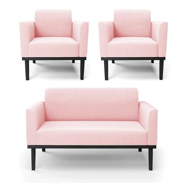 Imagem de Conjunto 2 Poltronas e 1 Namoradeira Decorativa Isabella Pés Fixo em Madeira Preto Suede Rosa Bebê G19 - Gran Belo
