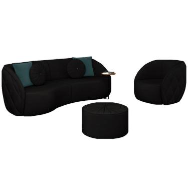 Imagem de Conjunto Decorativo Sofá 240cm e Poltrona Clarke com Puff Round Veludo Preto - Gran Belo