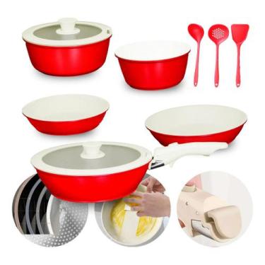 Imagem de Conjunto Panelas Antiaderente Cabo Removível Tampa Indução - NoBrand, 