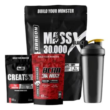 Imagem de Kit Hipercalórico Mass 30000 1,4kg , Creatina 100g, BCAA 60 Cáps Snake Dragon e Coqueteleira 600ml-Unissex