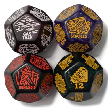 Imagem de Dungeon Map, Monster, Treasure & Trap Generator Dice Set | 4 Jumbo D12s for D&D, Pathfinder & TTRPGs | Hand-Illustrated by Viridian | Random Encounter & Loot Inspiration for Game Masters (Sparkly)
