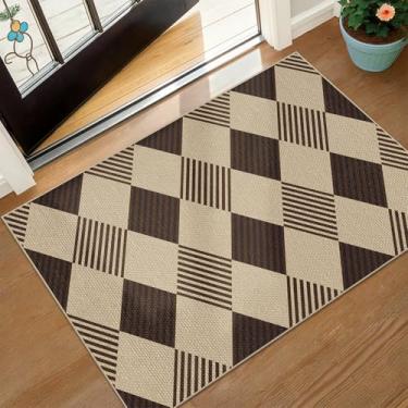 Imagem de Tapete de porta frontal de diamante 2x3 para entrada interna - Tapetes de porta de juta fácil para entrada, entrada, cozinha, mudroom, antiderrapante, com suporte de borracha, decoração bege preto