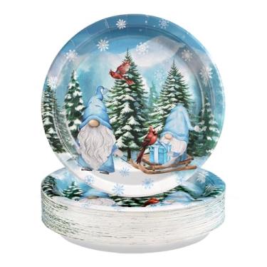 Imagem de 50 peças de pratos de papel de gnomo de Natal, 25 cm, grandes, resistentes, gnomo de feliz Natal, pratos cardeais, árvore de floco de neve, sobremesa, pratos temáticos para inverno, Natal, férias