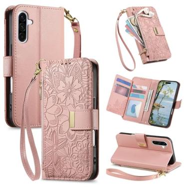 Imagem de Niuuro Capa carteira para Samsung Galaxy A36/A56, suporte de cartão embutido (8 a 10 cartões), bolso com zíper, alça de pulso, suporte de suporte, capa protetora de couro PU floral feminina, rosa