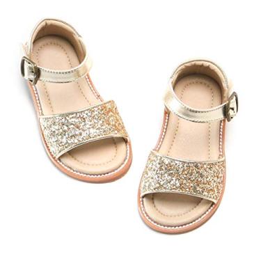 Imagem de Otter MOMO Sandálias femininas de bico aberto com babados e sandálias de verão (bebê/criança pequena), D742 - ouro, 12 Little Kid