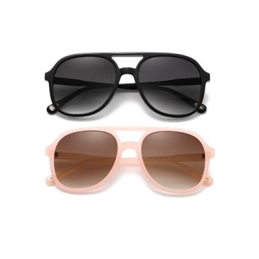Imagem de (Pacote com 2) Óculos de sol aviador retrô para mulheres e homens, clássicos, anos 70, vintage, moderno, quadrado, aviadores, Preto brilhante + rosa/marrom